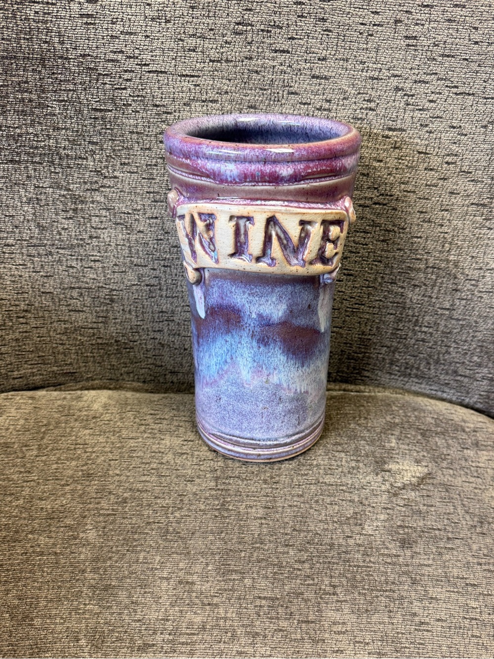 Handcrafted Purple Blue Ceramic Pottery Wine Chiller Signed Bottle Holder.